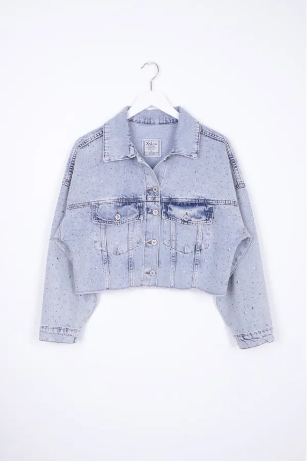 Oversize Short Denim Jacket with Stars and Rhinestones 6005-08-(S-L-5) Snow Light Blue Oversize Short Denim Jacket with Stars and Rhinestones 6005-08-(S-L-5) Snow Light Blue