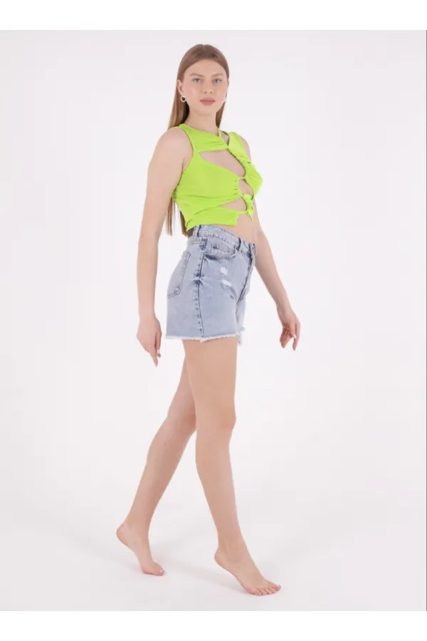 Ripped Denim Short with Fringe Ending 225-08-(S-XL-6-2) Snow Light Blue Ripped Denim Short with Fringe Ending 225-08-(S-XL-6-2) Snow Light Blue
