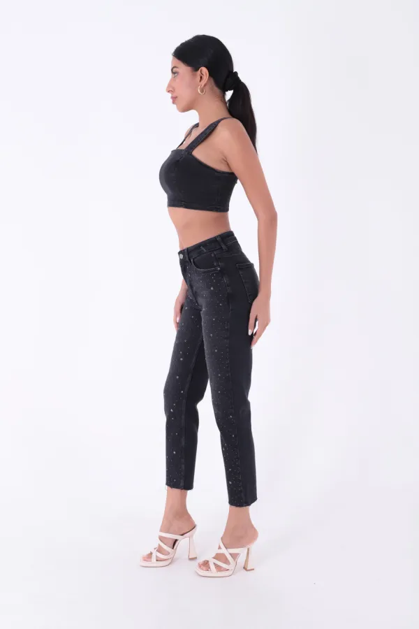Yıldızlı Mom Fit Dikişsiz Paça Kot Pantolon  1753-03-(26-31)