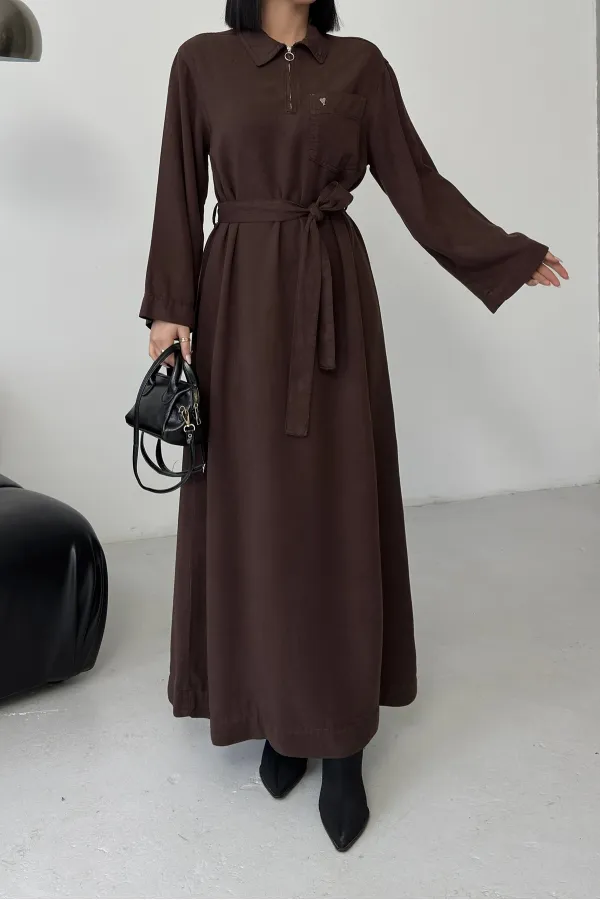 Buttoned Classic Long Denim Dress 3034-78-(S+L+3) Brown Buttoned Classic Long Denim Dress 3034-78-(S+L+3) Brown