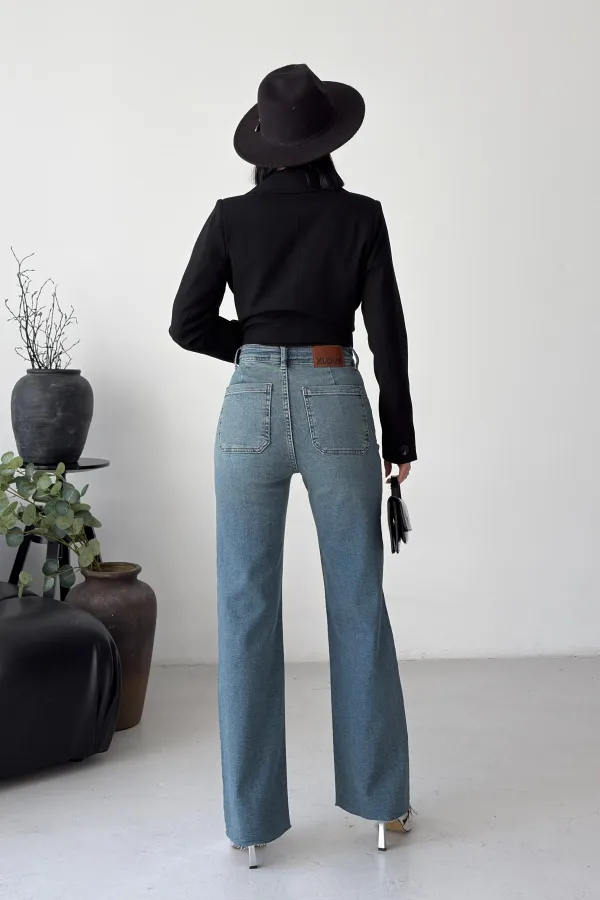 Relaxed Trousers with Stone Embellished Decorative Pockets 7213-62-(27-32) Middle Blue - Tinted
