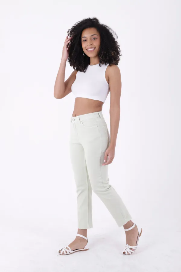Fringe Ending High Waisted Mom Fit Jean  764-88-(28-33) Mint Green