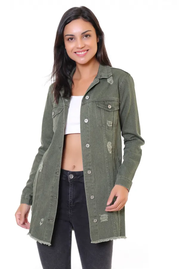 Fringe Finish Boyfriend Denim Jacket 679-67-(S-XL-6) Khaki Fringe Finish Boyfriend Denim Jacket 679-67-(S-XL-6) Khaki