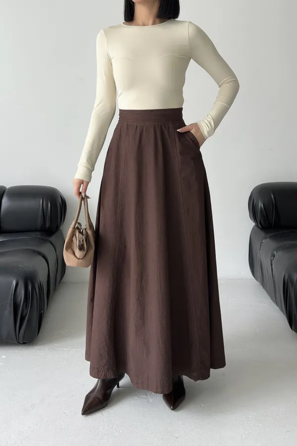Ruffled Long Skirt with Elasticated Waist  1063-78-(36-44) Brown