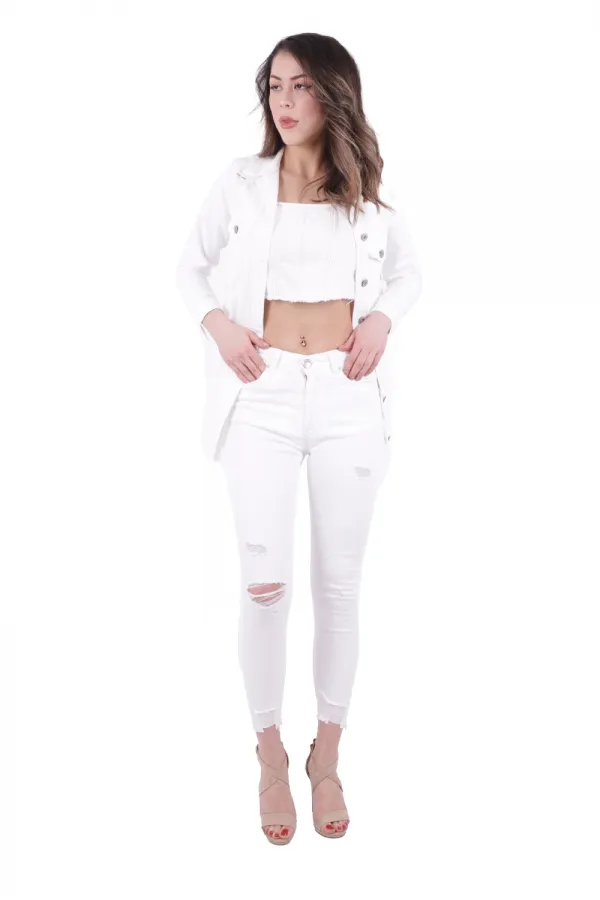 Fringe Finish Boyfriend Denim Jacket 679-50-(S-L-5) White Fringe Finish Boyfriend Denim Jacket 679-50-(S-L-5) White