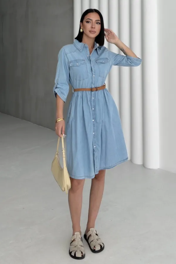 Büzgü Detaylı Kısa Kot Elbise 3040-15-(S-XL)