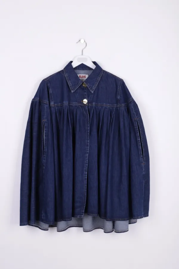 Pleated Oversize Poncho Jacket 6075-26-(STD-3) Regular Dark Blue Pleated Oversize Poncho Jacket 6075-26-(STD-3) Regular Dark Blue