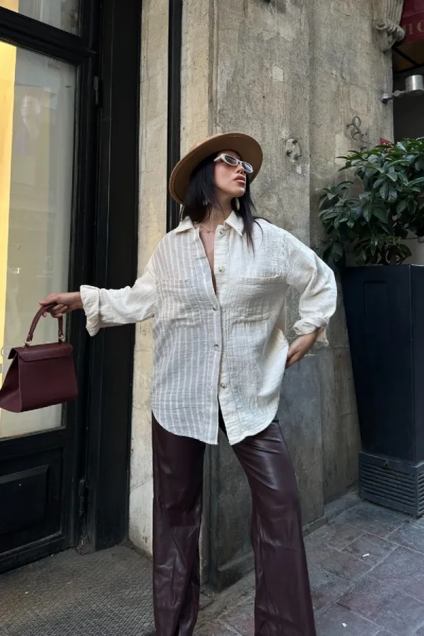 Çizgi Garnili Oversize Gömlek 6206-80-(S+L+3)