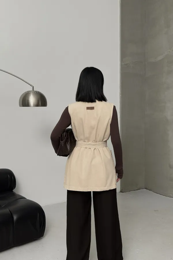 Belted and Cross Over Collar Denim Vest 6137-65-(S-XL) Stone