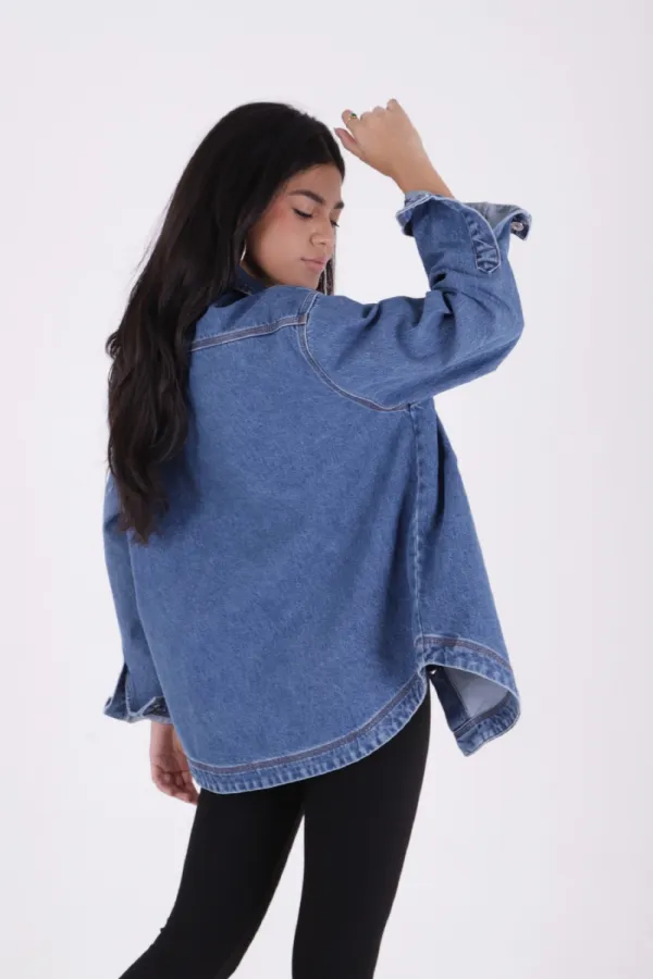 Oversize Denim Jacket with Octagonal Pocket and Stitching Detail 6069-15-(S+L+4) Light Blue Denim Oversize Denim Jacket with Octagonal Pocket and Stitching Detail 6069-15-(S+L+4) Light Blue Denim