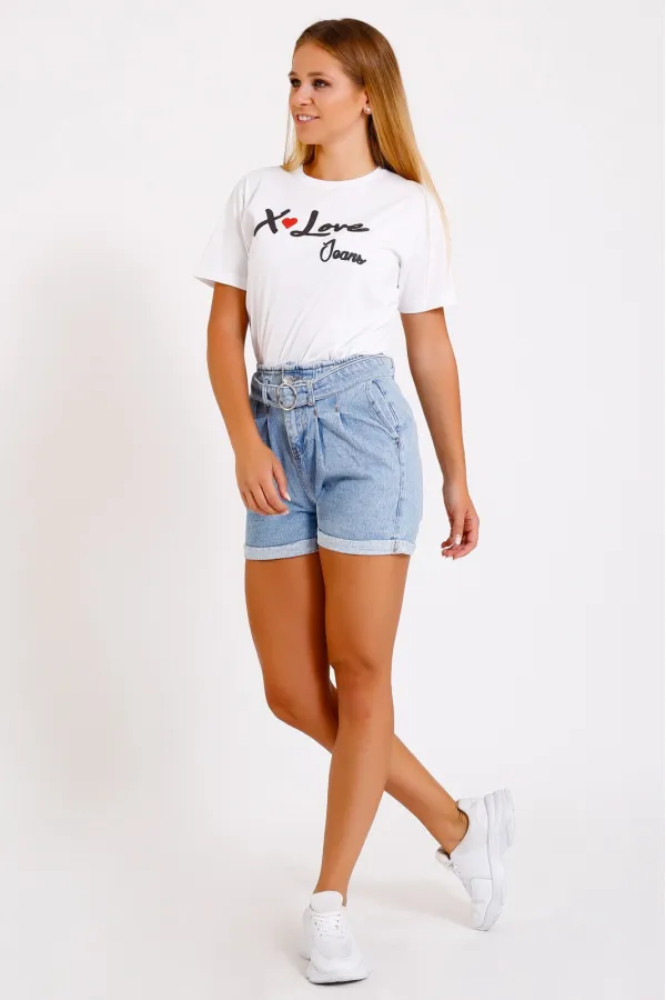 Pleated Denim Short with Denim Belt 222-42-(S-XL-6) Ice Blue - Tinted Pleated Denim Short with Denim Belt 222-42-(S-XL-6) Ice Blue - Tinted