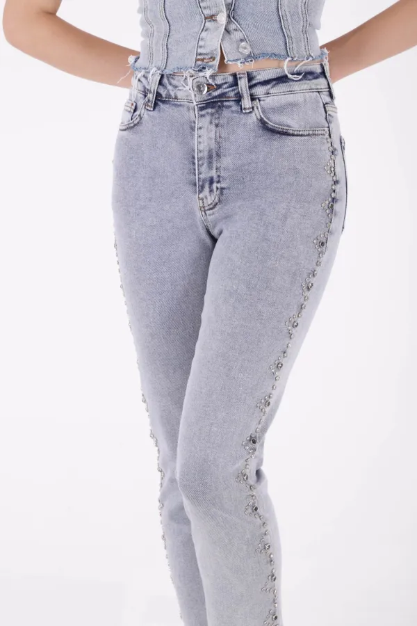 Yanları Droplı Kot Pantolon 7039-08-(26-31)