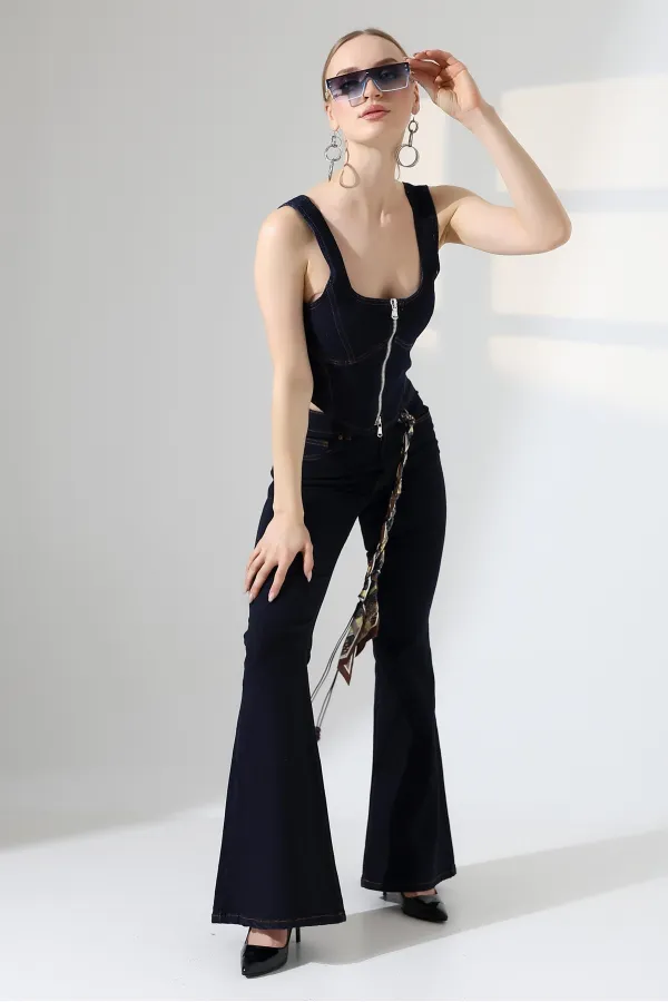 Wide Leg Flared Jean 7067-17-(27-32) Slubbed Navy Blue