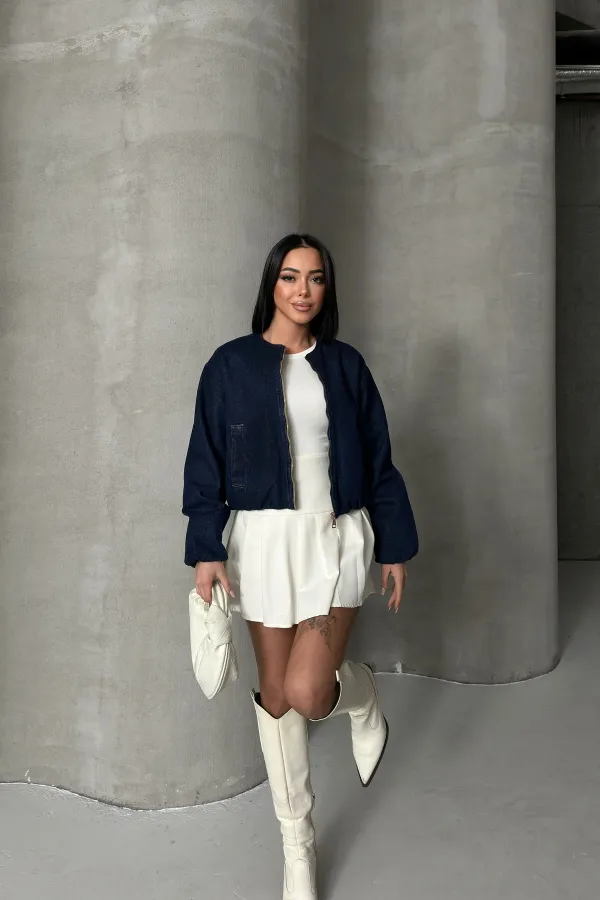 Cropped Zip-Up Jacket 6198-17-(S-L-3) Slubbed Navy Blue