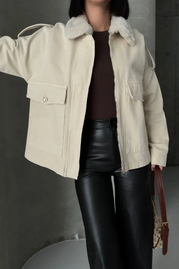 Denim Jacket with Fur Collar Detail 6169-65-(S+L+4) Stone Denim Jacket with Fur Collar Detail 6169-65-(S+L+4) Stone