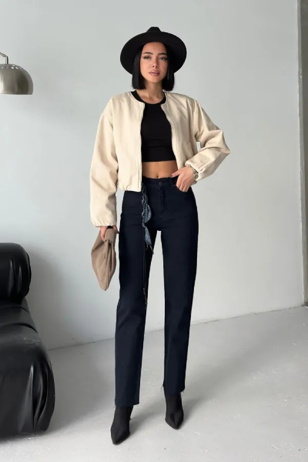 Cropped Zip-Up Jacket 6198-65-(S-L-3) Stone