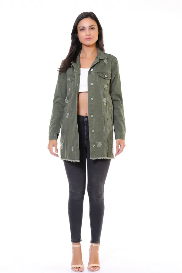 Fringe Finish Boyfriend Denim Jacket 679-67-(S-XL-6) Khaki Fringe Finish Boyfriend Denim Jacket 679-67-(S-XL-6) Khaki