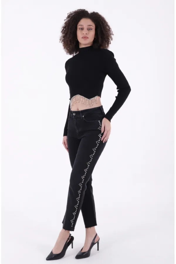 Yanları Droplı Mom Fit Kot Pantolon  7039-23-(26-31)