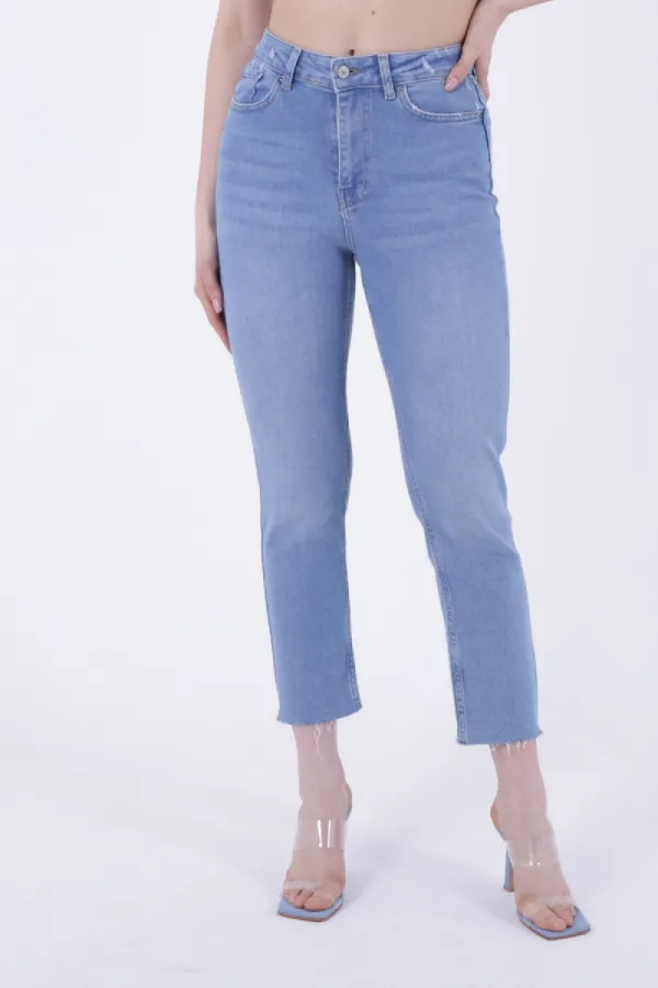 Fringe Ending High Waisted Mom Fit Jean 764-15-(26-29) Light Blue Denim