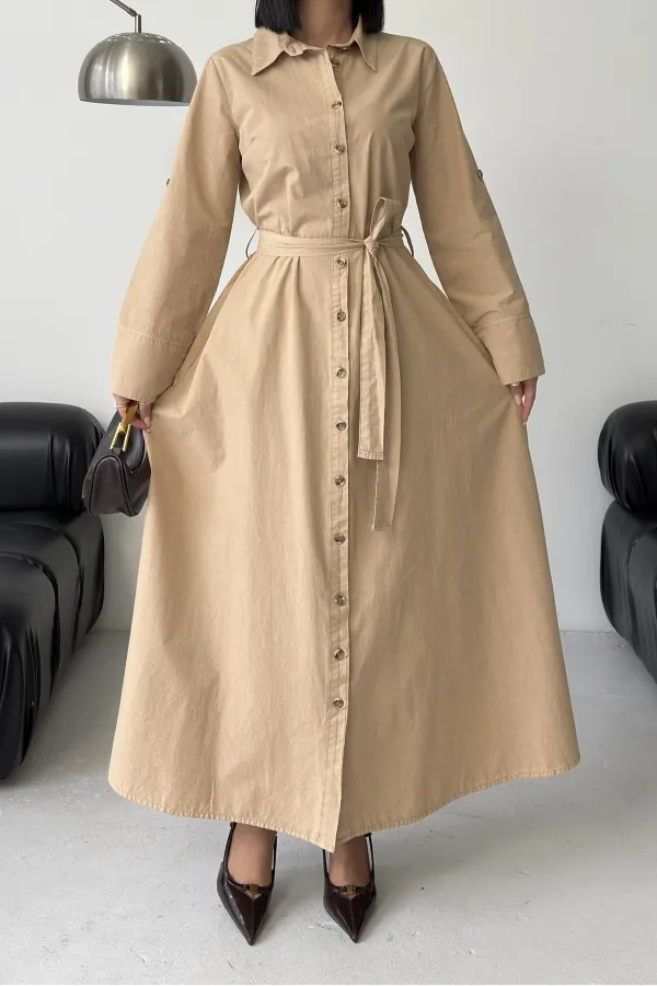 Düğmeli Uzun Boy Kot Elbise 3047-70-(S-XL) Düğmeli Uzun Boy Kot Elbise 3047-70-(S-XL)