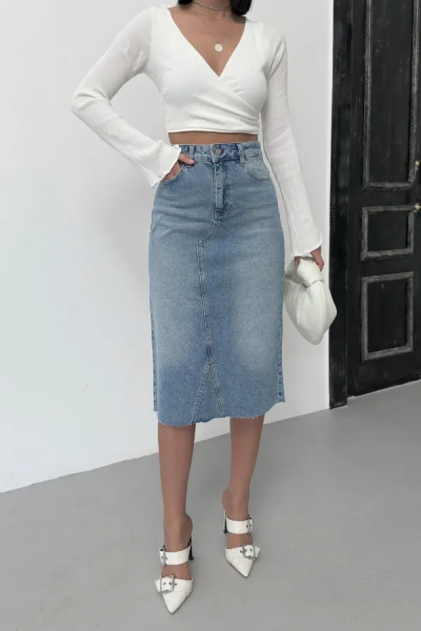 Mid Length Denim Skirt with Triangle Detail  1041-15-(XS-XL) Light Blue Denim
