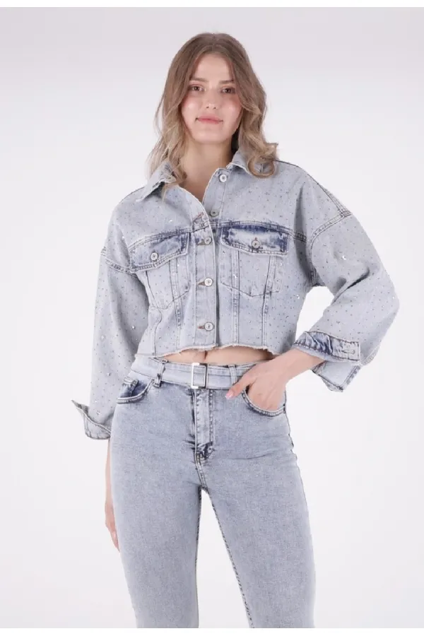Oversize Short Denim Jacket with Stars and Rhinestones 6005-08-(S-L-5) Snow Light Blue Oversize Short Denim Jacket with Stars and Rhinestones 6005-08-(S-L-5) Snow Light Blue