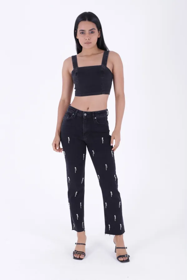Damla Taşlı Mom Fit Kot Pantolon 7024-23-(26-31) Damla Taşlı Mom Fit Kot Pantolon 7024-23-(26-31)