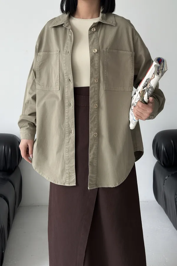 Oversize Denim Jacket with Buttons  6080-74-(S-L-3) Green