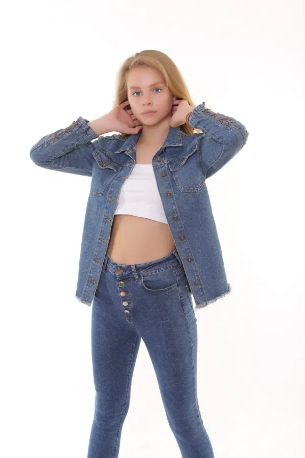 Tasseled Ending Denim Jacket with Lace-up Sleeve 618-62-(S-XL) Middle Blue - Tinted Tasseled Ending Denim Jacket with Lace-up Sleeve 618-62-(S-XL) Middle Blue - Tinted