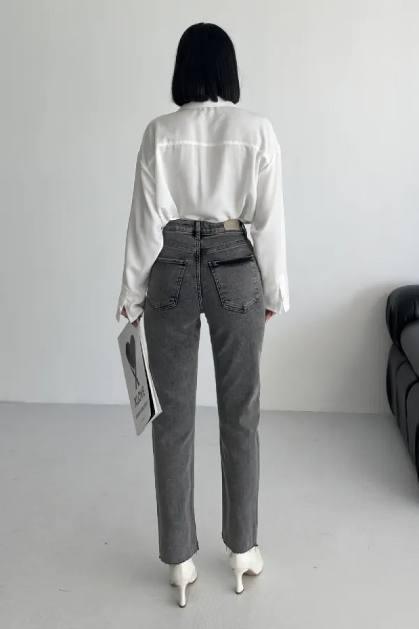 Fringe Ending High Waisted Mom Fit Jean 764-40-(26-29) ight Grey - Snow