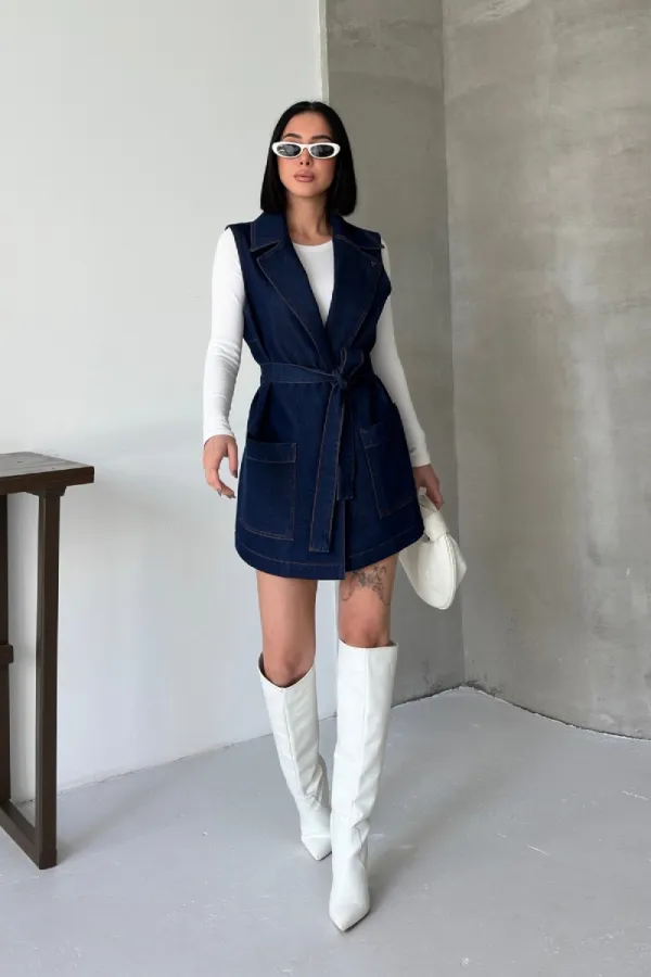 Belted and Cross Over Collar Denim Vest 6137-26-(S-XL) Regular Dark Blue