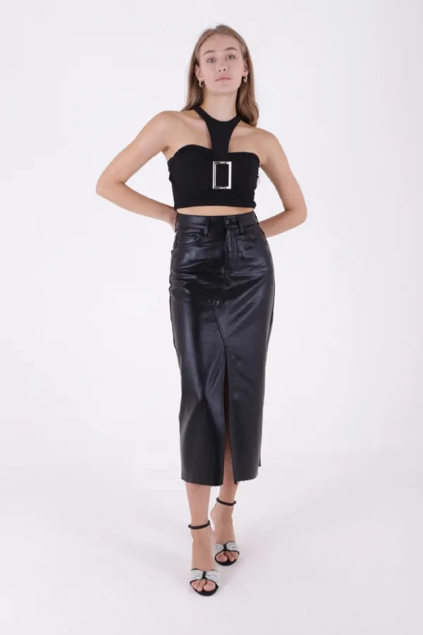 Fringe Finish Denim Medium Skirt with Front Slit 1022-46-(XS-XL-7) Foiled Black Fringe Finish Denim Medium Skirt with Front Slit 1022-46-(XS-XL-7) Foiled Black