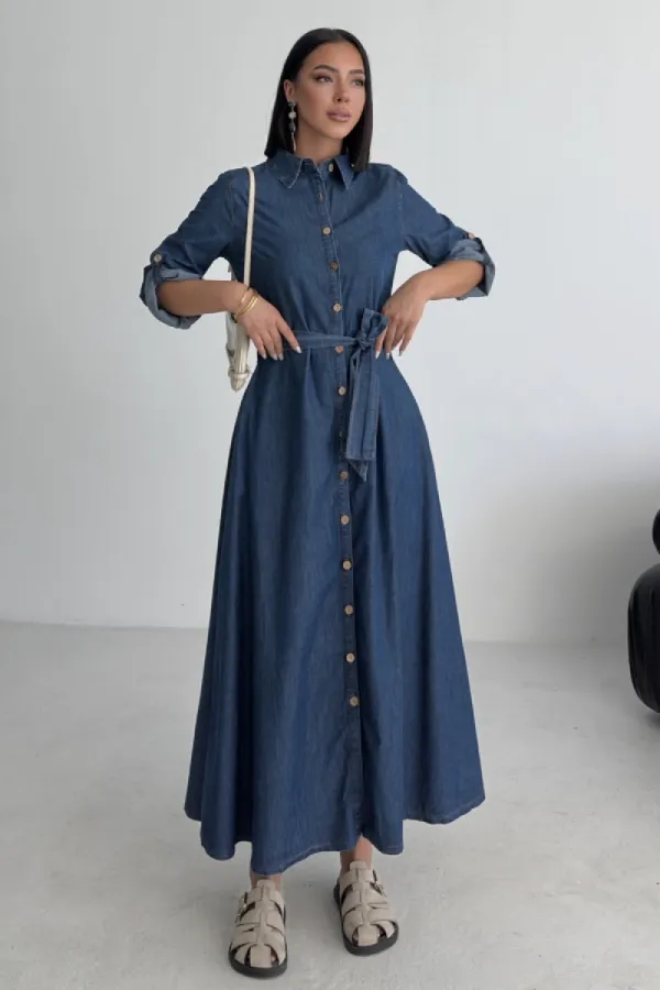 Düğmeli Uzun Boy Kot Elbise 3047-26-(S-XL)