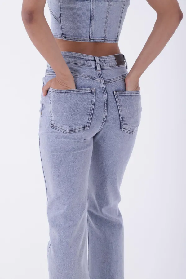 Tasseled Bottom Wide Leg Relax Jean  1726-08-(28-33) Snow Light Blue