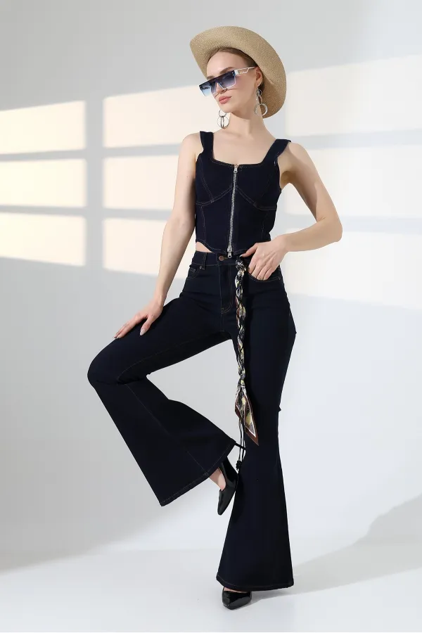 Wide Leg Flared Jean 7067-17-(27-32) Slubbed Navy Blue
