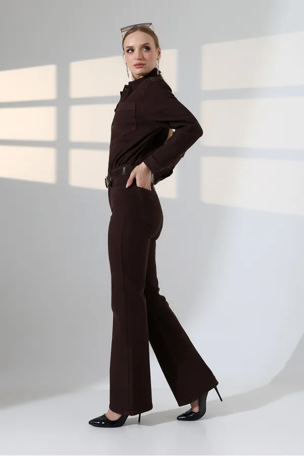 Classic Denim Jumpsuit with Elasticated Waist 3037-78-(S-XL) Brown