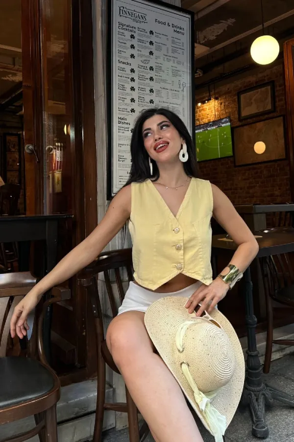 Düğmeli Keten Yelek HS603-93-(S-XL)