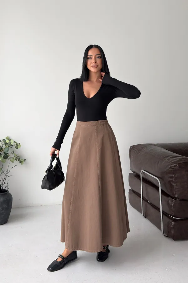 Ruffled Long Skirt with Elasticated Waist  1063-72-(36-44) Soil