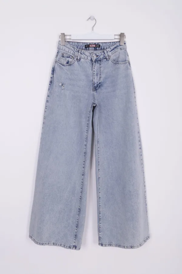 Geniş Saçaklı Paça Peçli Kot Pantolon  7041-14-(27-32)