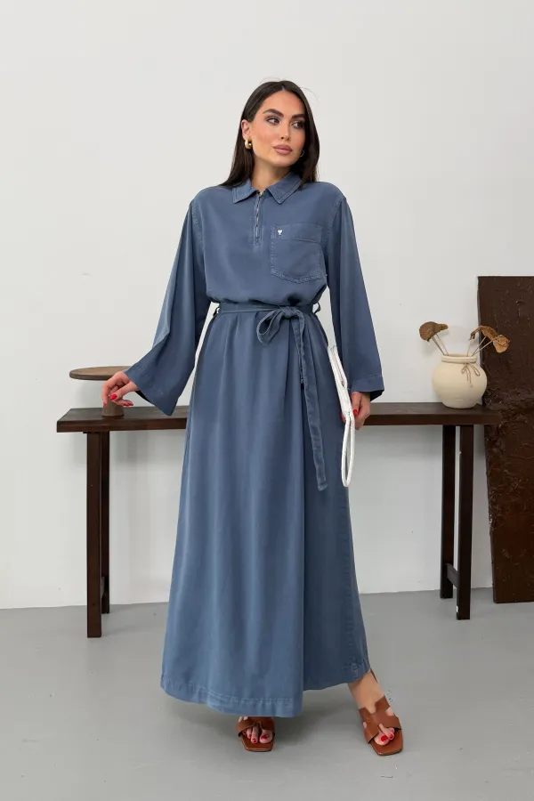Belted Long Denim Dress 3035-98-(S-XL) 