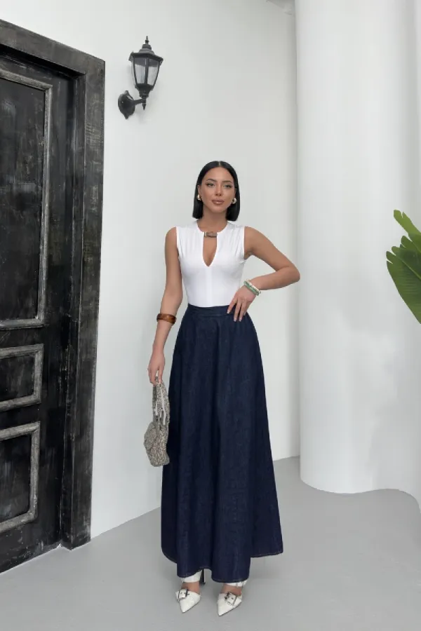 Ruffled Long Skirt with Elasticated Waist  1063-17-(S-XL) Slubbed Navy Blue