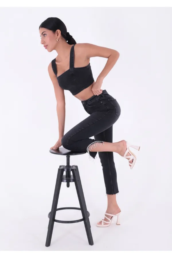 High Waisted Mom Jean with Rhinestones on Leg Hems Sides 1881-23-(28-33) Regular Anthracite High Waisted Mom Jean with Rhinestones on Leg Hems Sides 1881-23-(28-33) Regular Anthracite