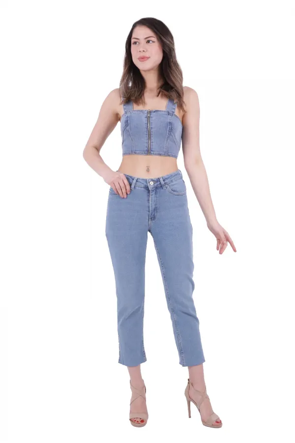 Yanı Yırtmaçlı Flare Paça Mom Kot Pantolon  1774-15-(28-33)