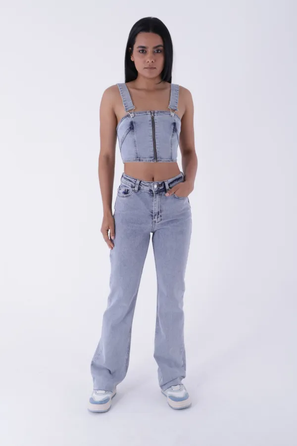 Tasseled Bottom Wide Leg Relax Jean  1726-08-(28-33) Snow Light Blue