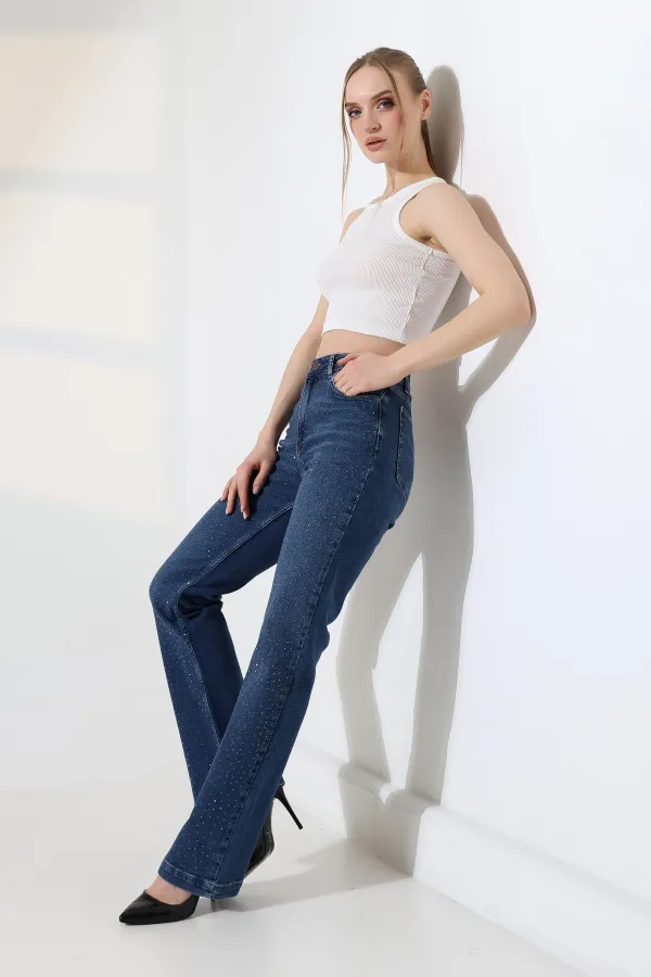 Serpme Taşlı Relax Kot Pantolon  7190-01-(27-32)