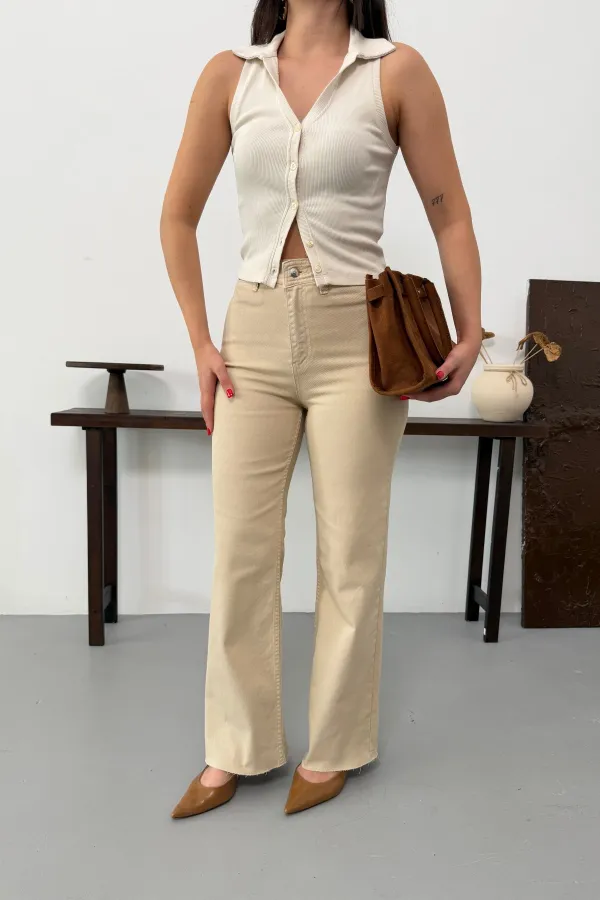 Wide Leg Palazzo Relaxed Jean with Decorative Front Pockets  1710-65-(27-32) Stone