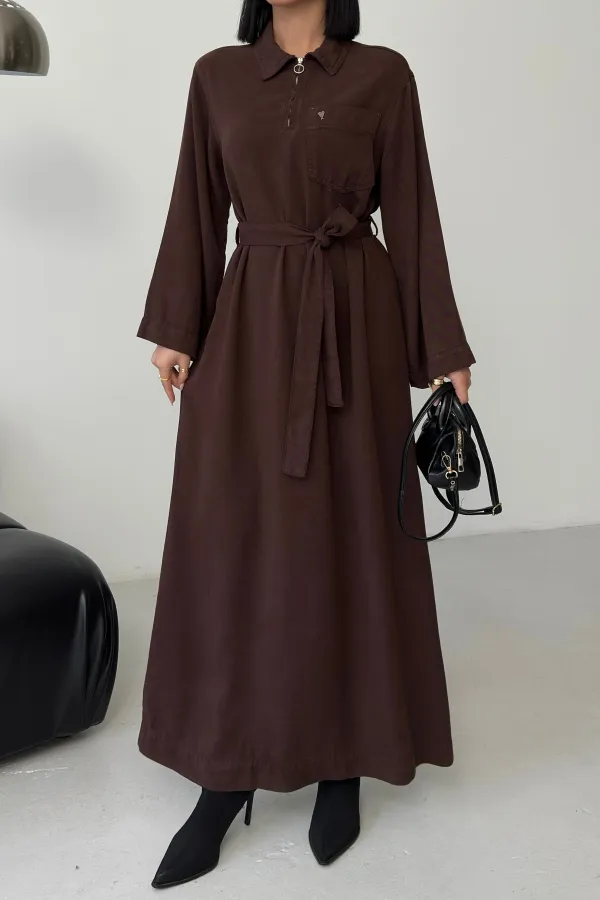 Belted Long Denim Dress 3035-78-(S-XL) Brown