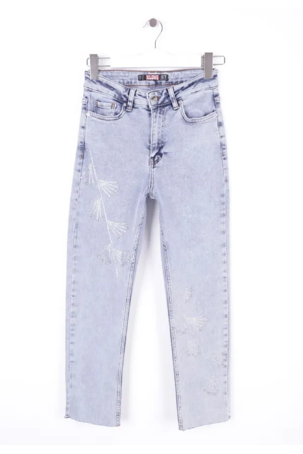 Çapraz Taşlı Mom Fit Kot Pantolon 7054-08-(26-31)