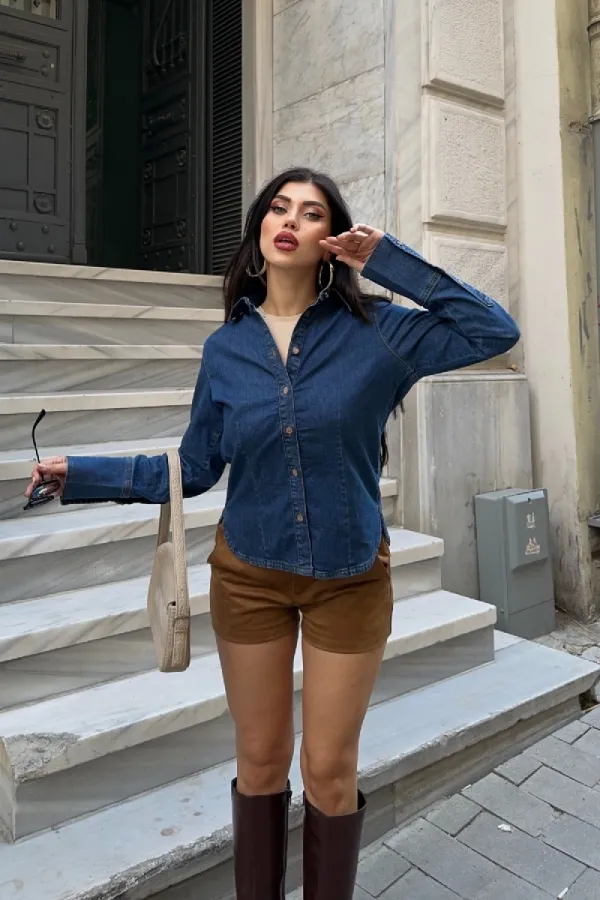 Kol Manşet Detaylı Kot Gömlek  6150-26-(S-XL)