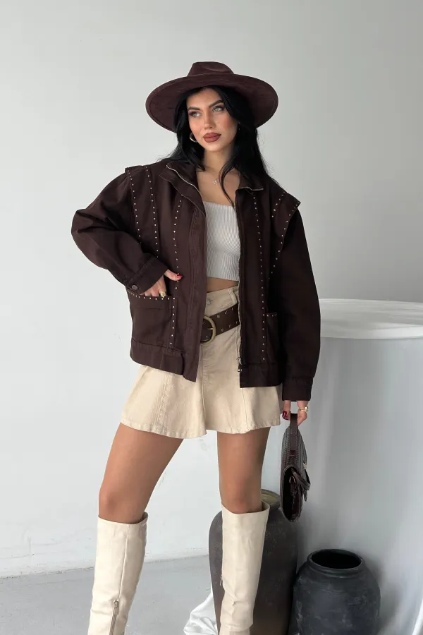 Denim Jacket with Stud Details 6253-78-(S-L-3) Brown